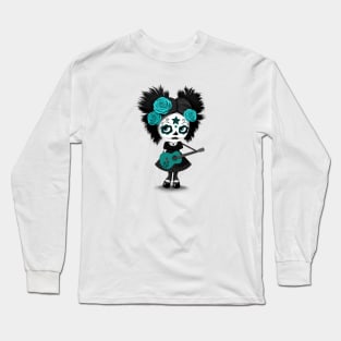 Teal Blue Sugar Skull Big Eyed Girl Playing the Guitar Long Sleeve T-Shirt